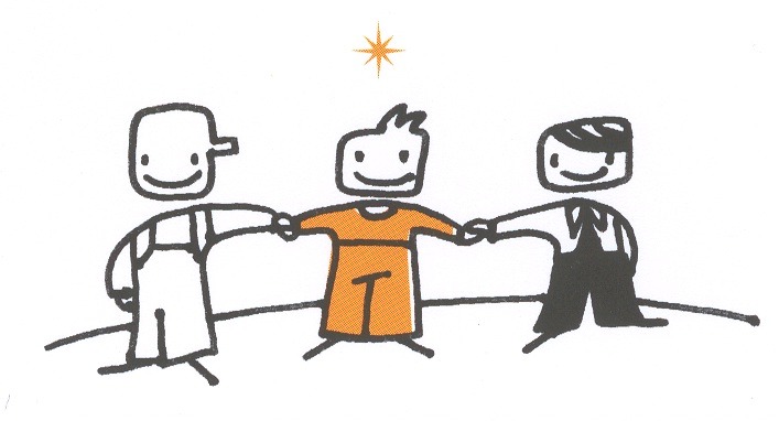 Trois personnages se tiennent la main : Géniop, en orange, fait le lien entre les métiers de l’entreprise.
